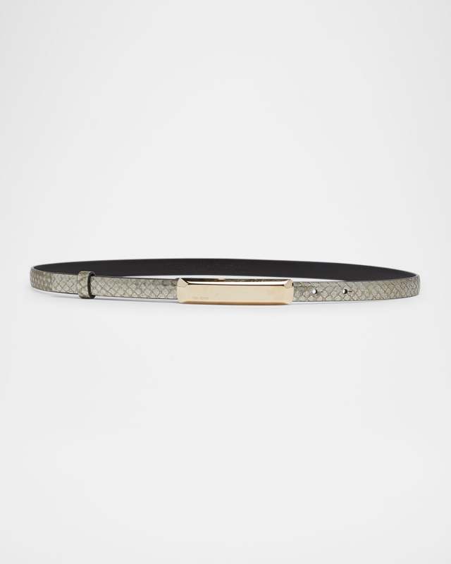 Bar Snake Leather Skinny Belt